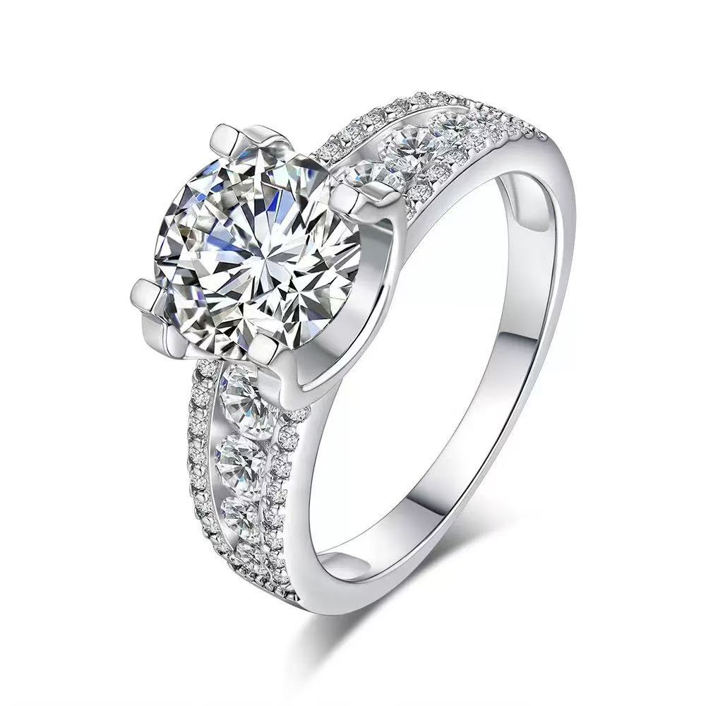 Round Cut Moissanite Ring – 925 Sterling Silver Pavé Setting