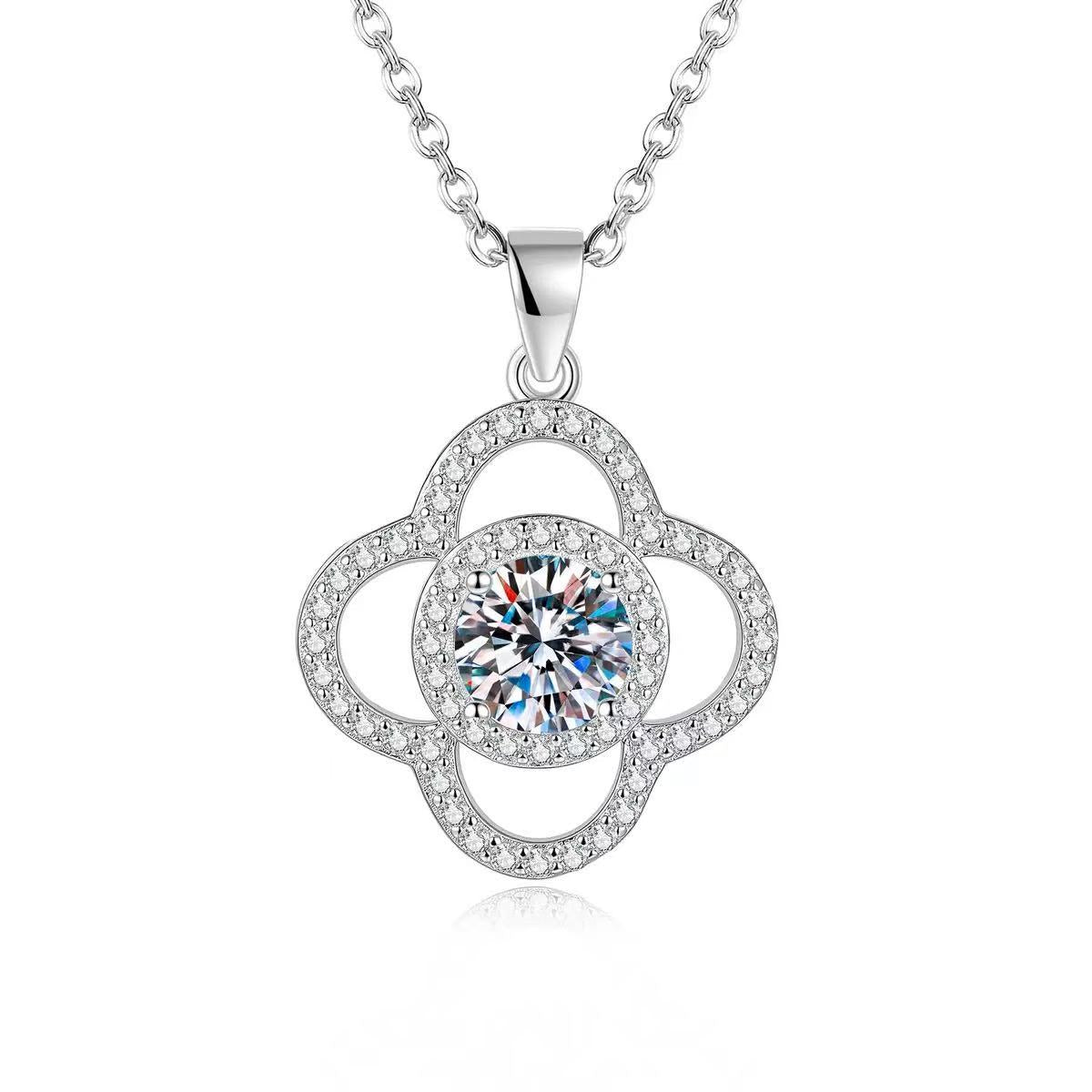 Round Moissanite Clover Hao Pendant Necklace 925 Sterling Silver
