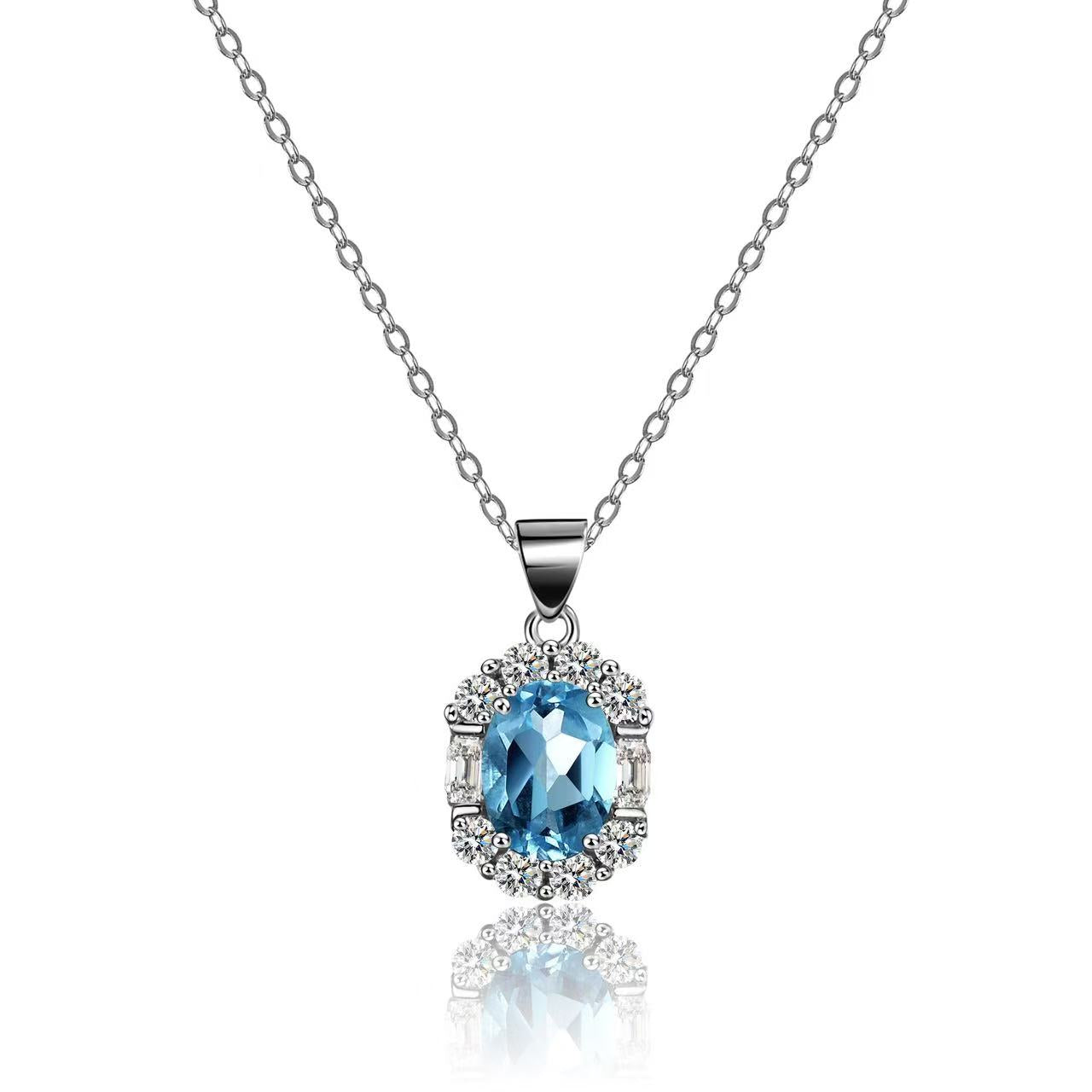 Bule Topaz Halo Pendant Necklace 925 Sterling Silver