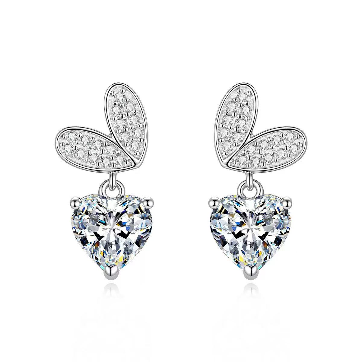 Butterfly Heart Moissanite Drop Earrings 925 Sterling Silver