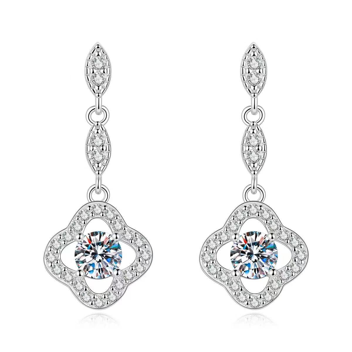 Clover Moissanite Drop Earrings 925 Sterling Silver